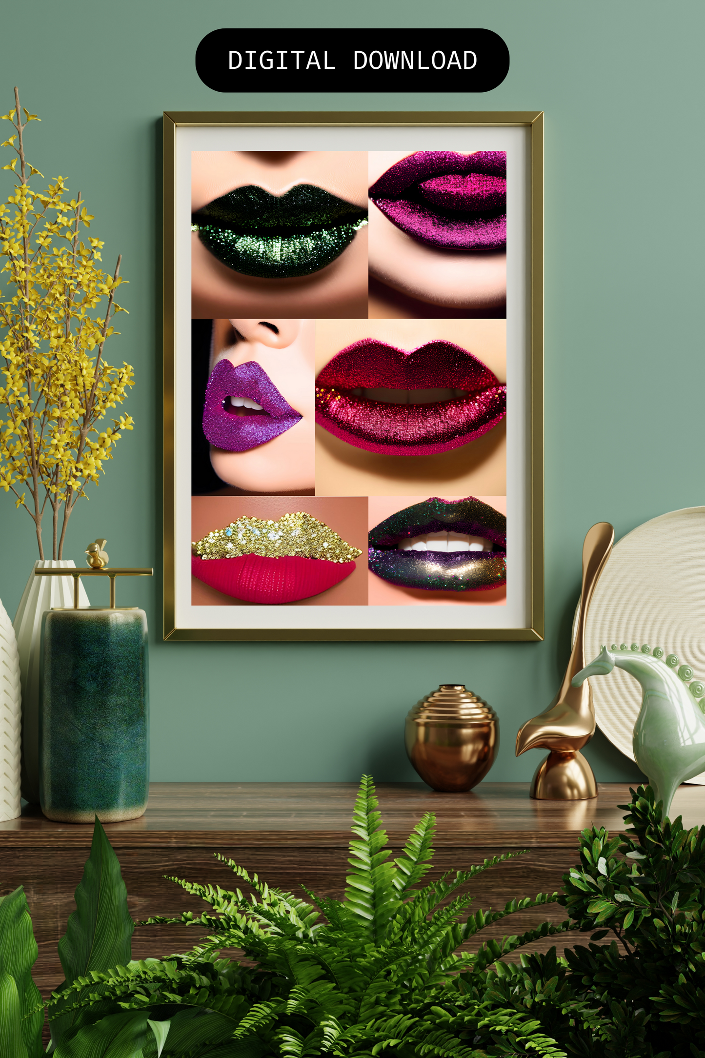 Kawaii kisses glitter lip wall art prints