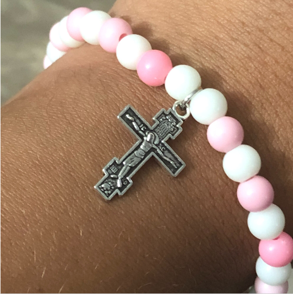 Stretch rosary bracelet handmade with pink and white round beads