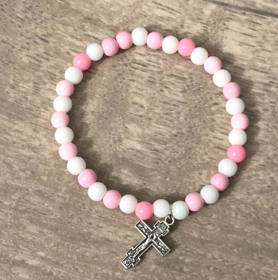 Stretch rosary bracelet handmade with pink and white round beads