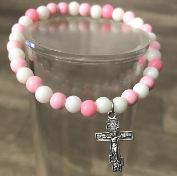 Stretch rosary bracelet handmade with pink and white round beads