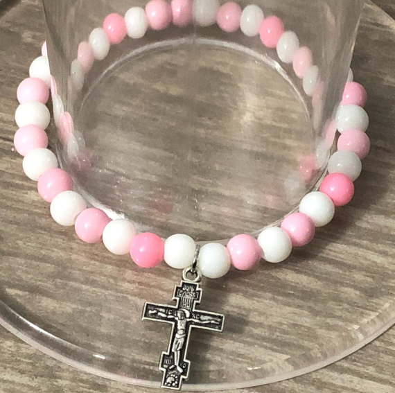 Stretch rosary bracelet handmade with pink and white round beads