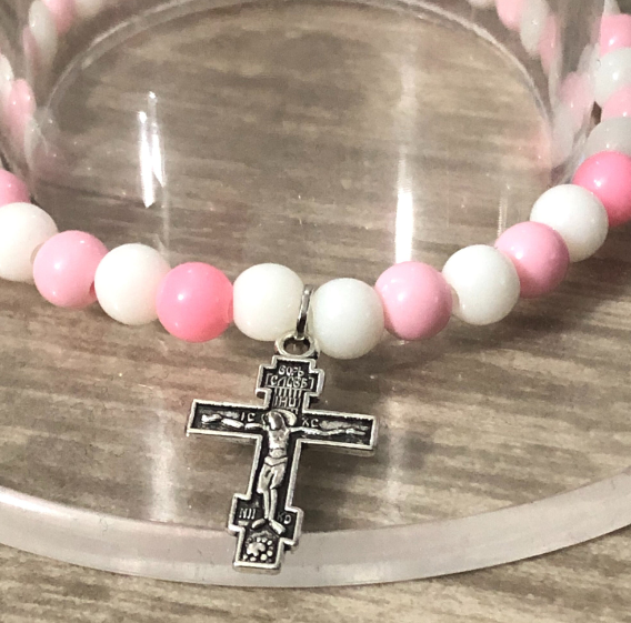 Stretch rosary bracelet handmade with pink and white round beads