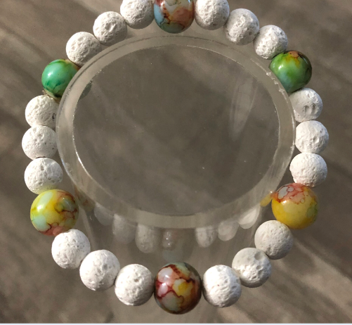 Handmade white Lava beads stretch bracelet with marble beads