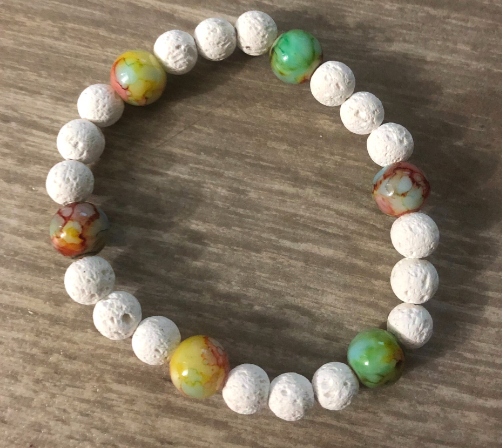 Handmade white Lava beads stretch bracelet with marble beads