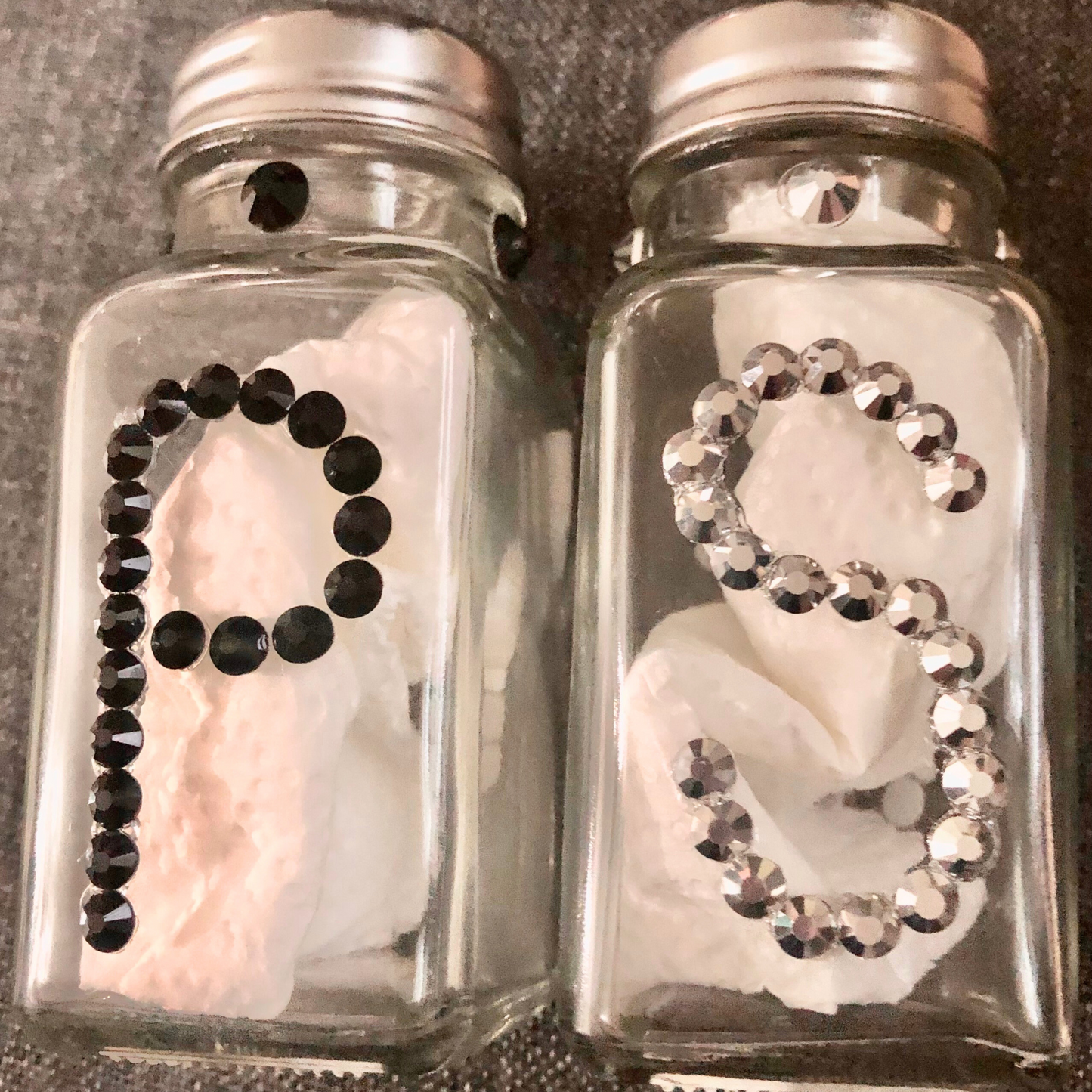 Salt and pepper shakers with flatback rhinestones