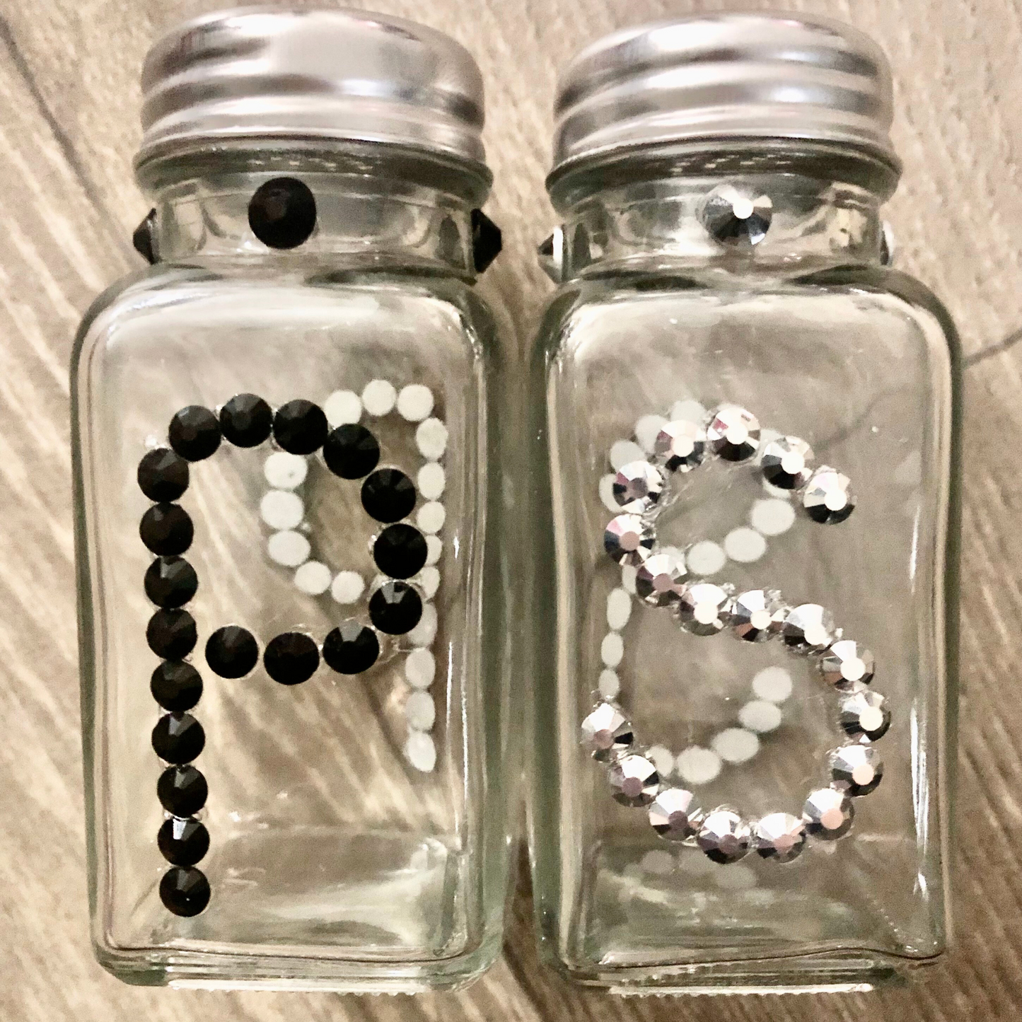 Salt and pepper shakers with flatback rhinestones