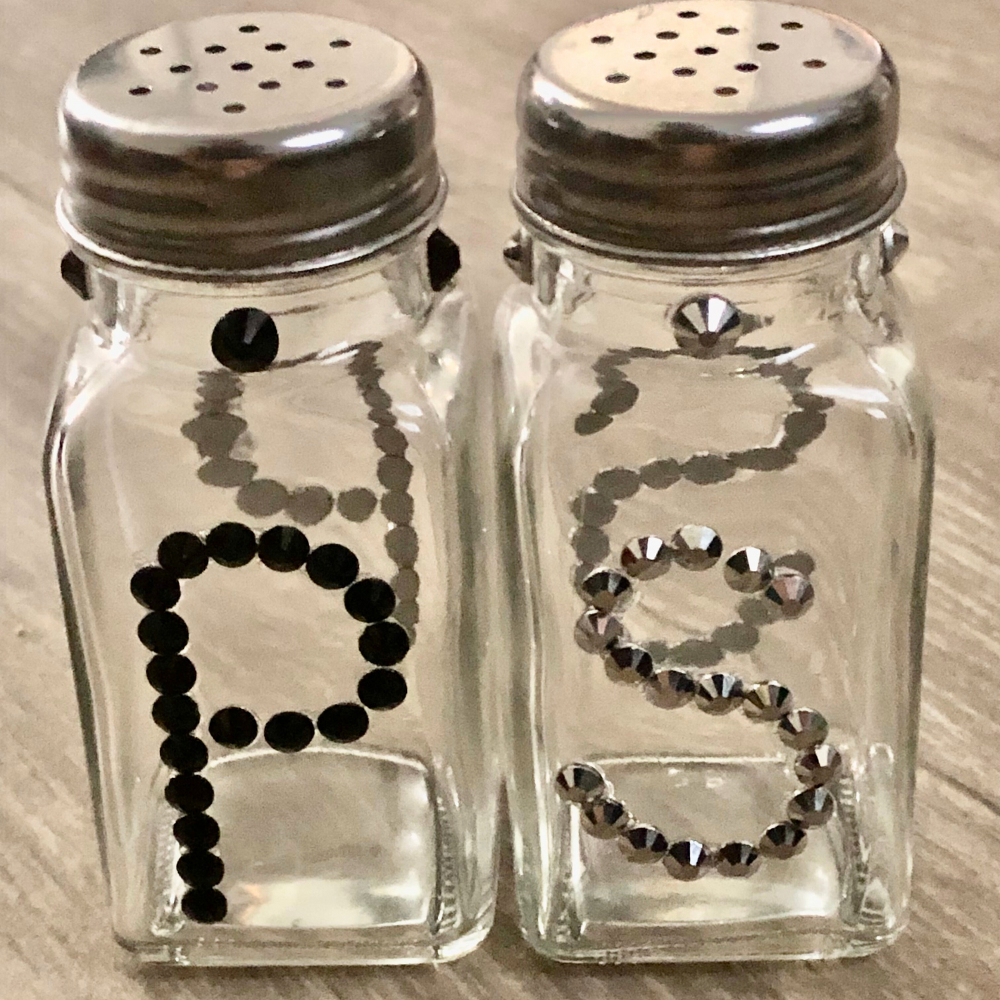 Salt and pepper shakers with flatback rhinestones