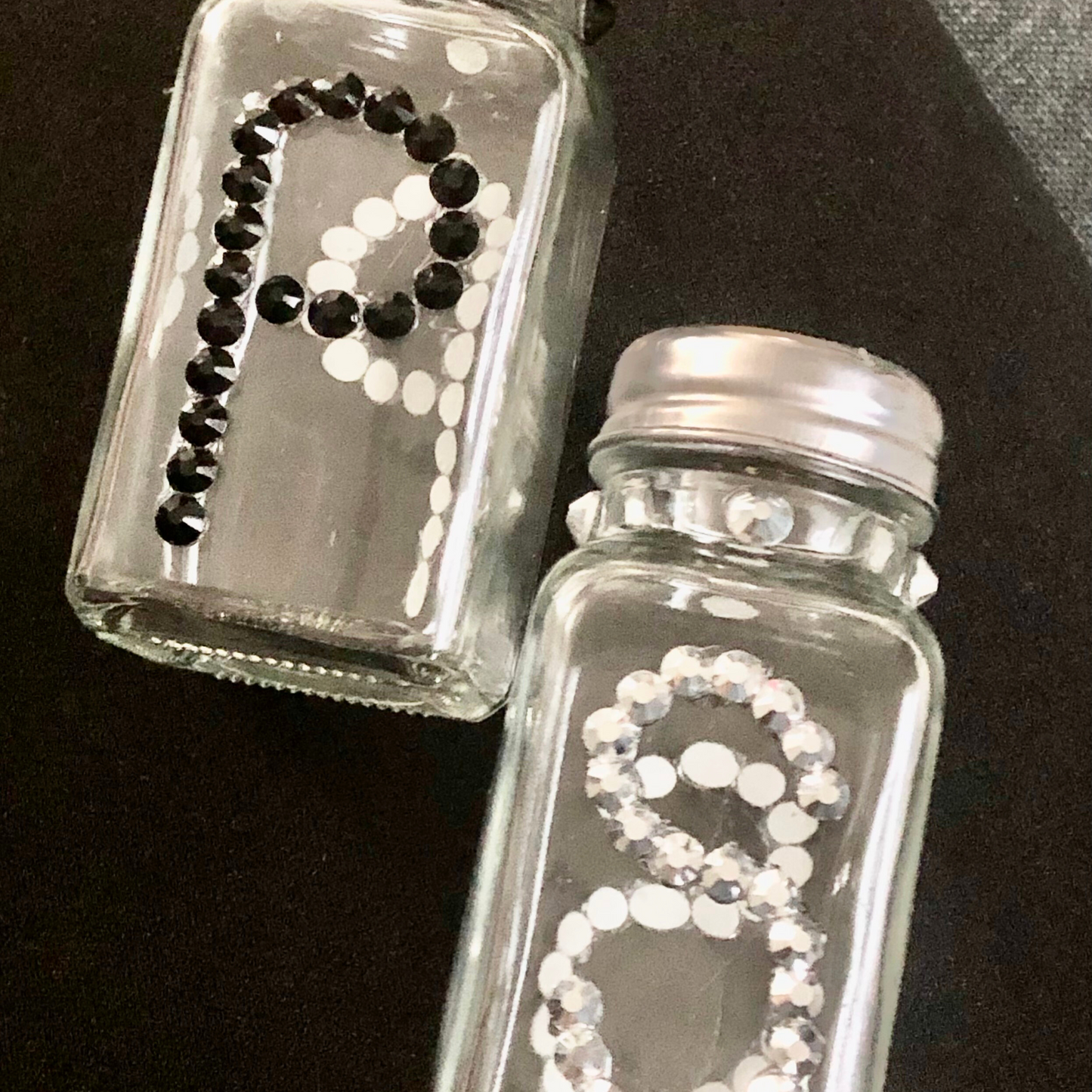 Salt and pepper shakers with flatback rhinestones