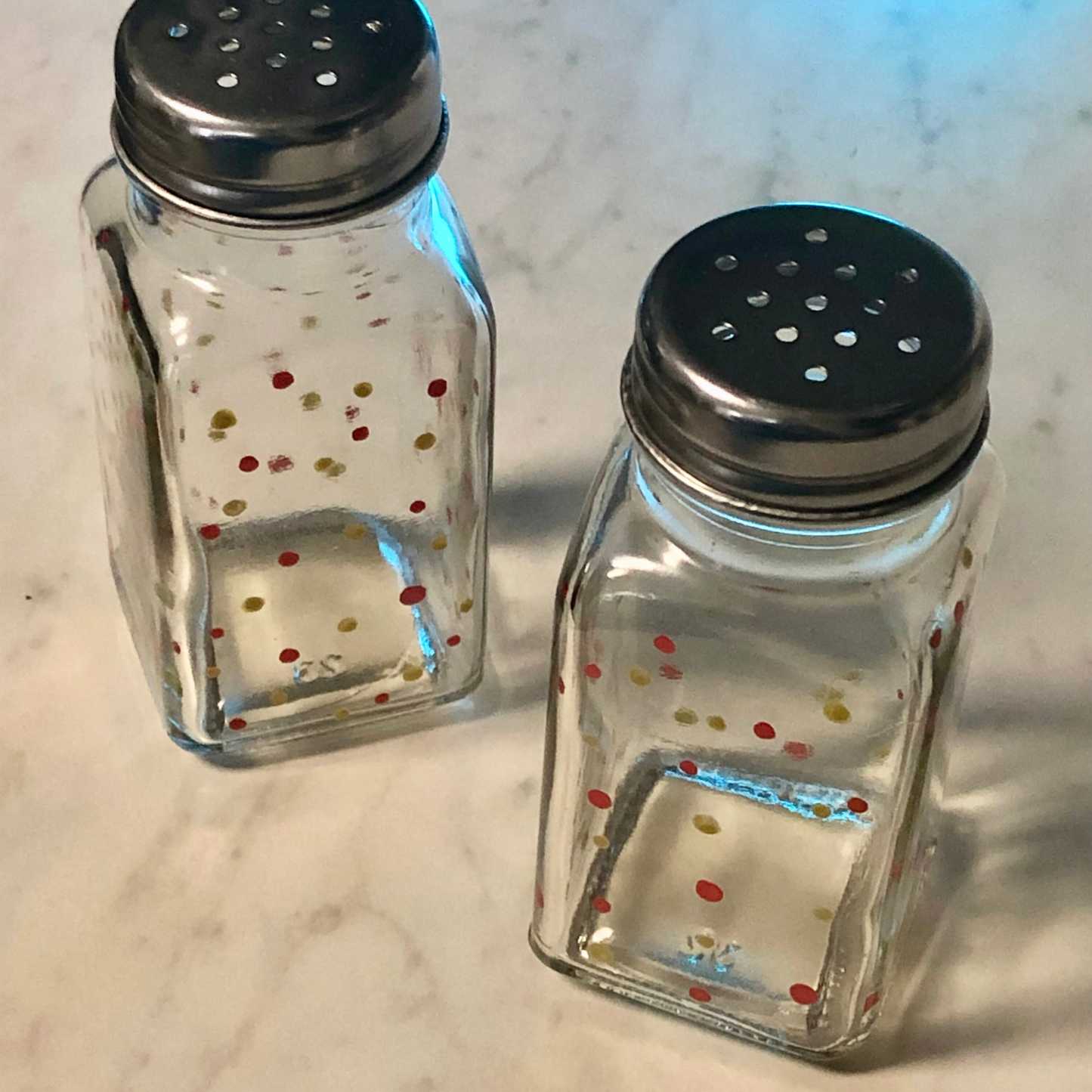 Novelty salt and pepper shakers red and gold dots all over handmade