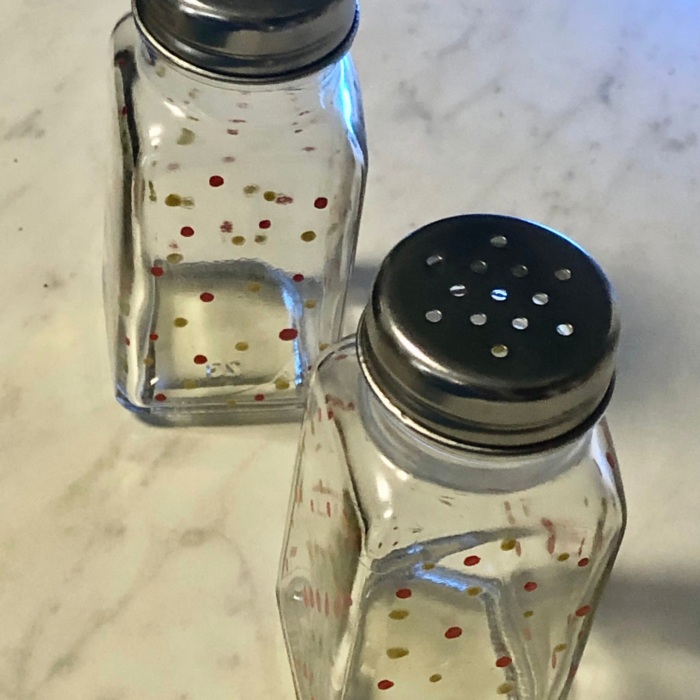 Novelty salt and pepper shakers red and gold dots all over handmade