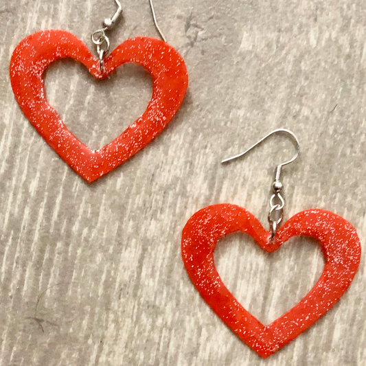 Handmade Orange Heart Earrings with Open Middle