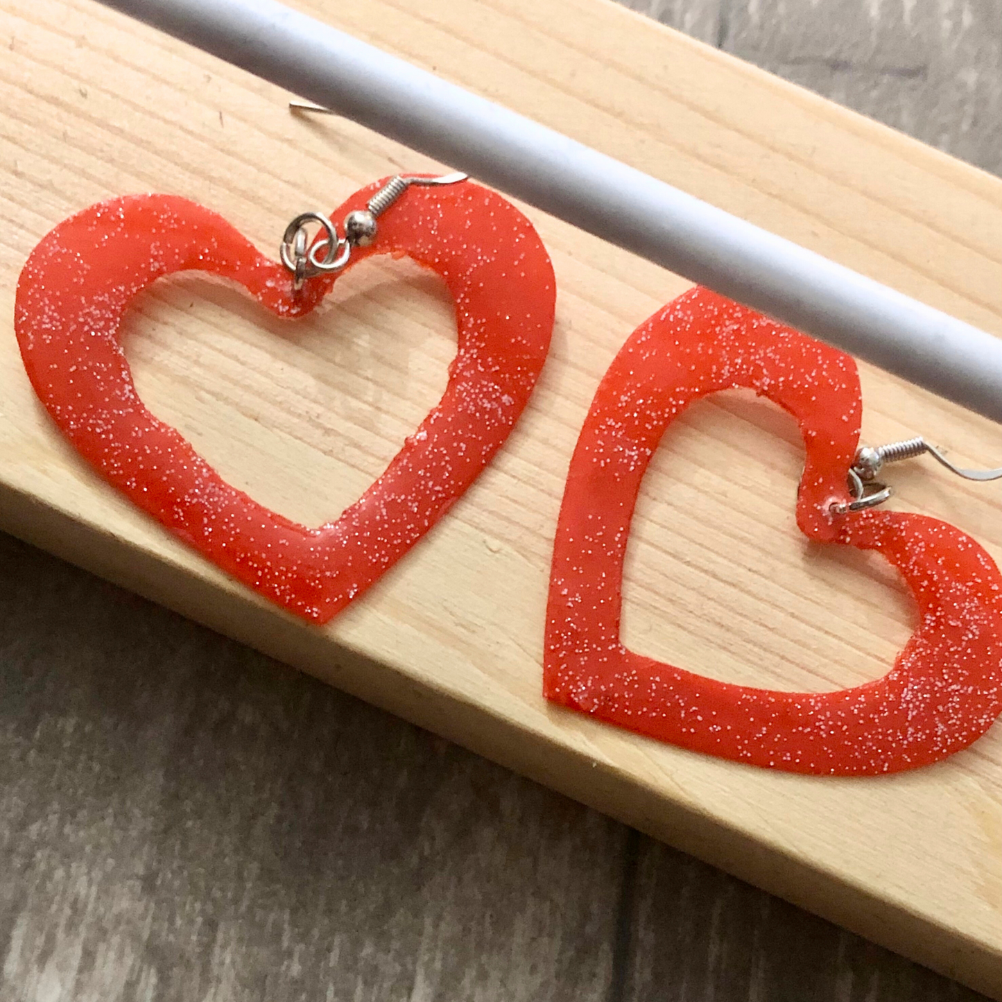 Handmade Orange Heart Earrings with Open Middle