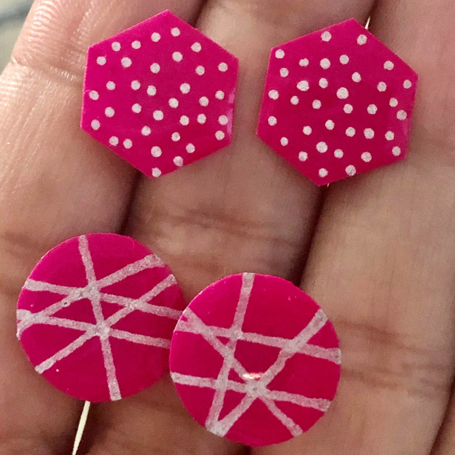 Hexagon earrings handmade with matching round-shaped earring set available now