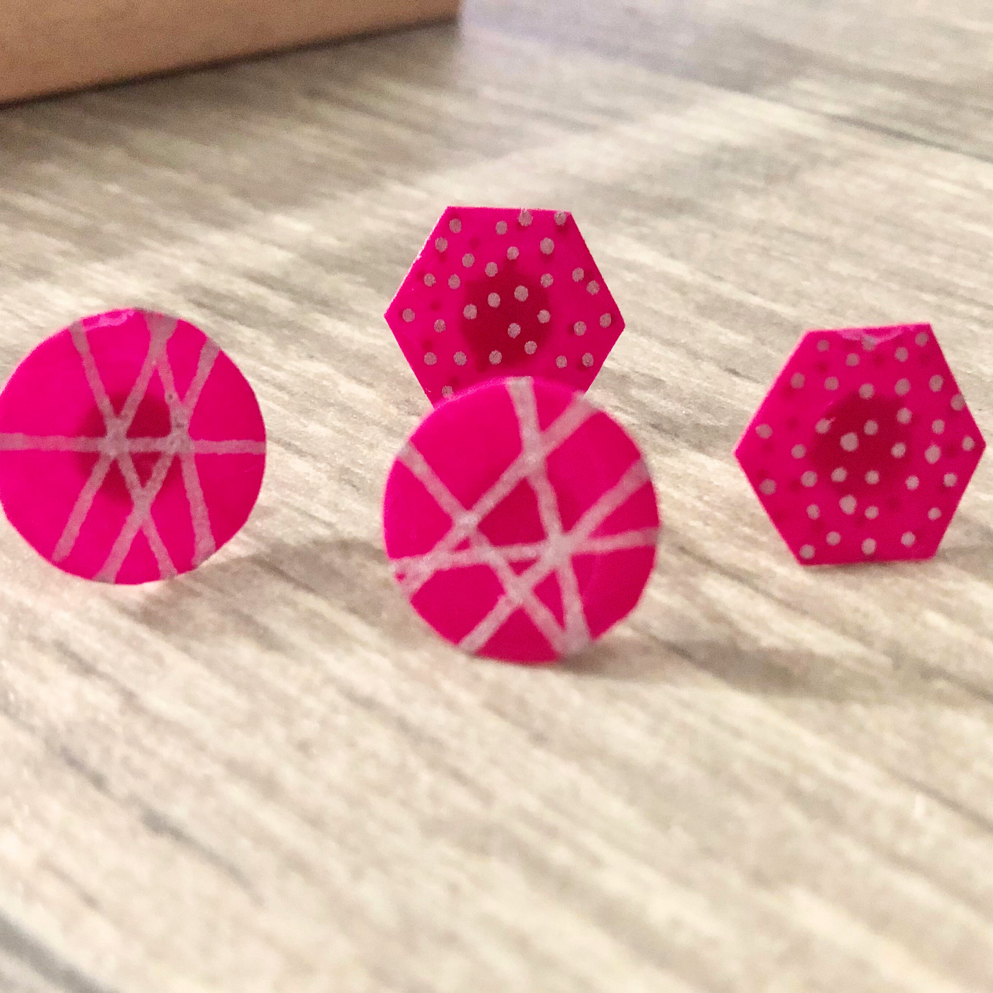 Hexagon earrings handmade with matching round-shaped earring set available now