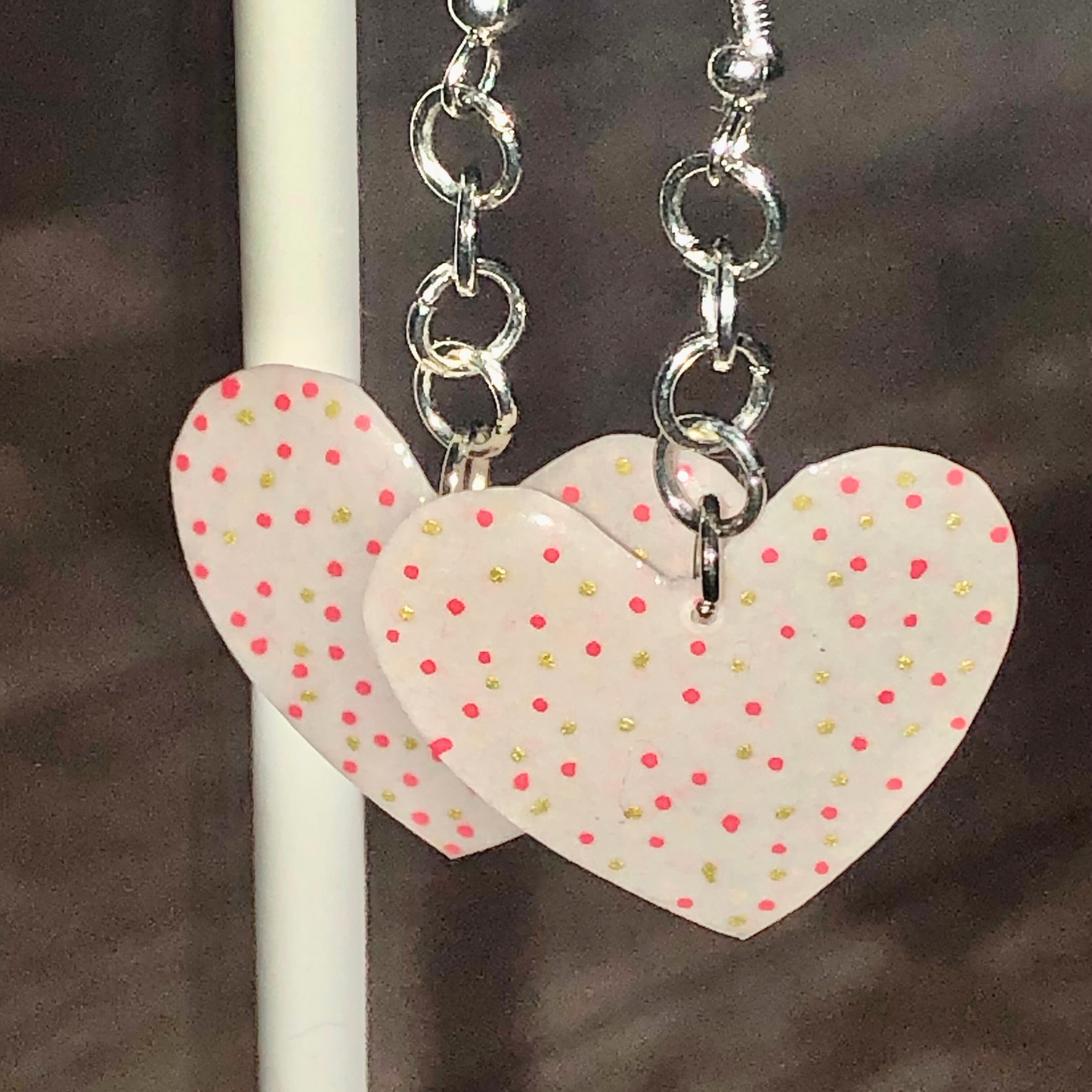 Handmade earrings heart jewelry with red and gold dots