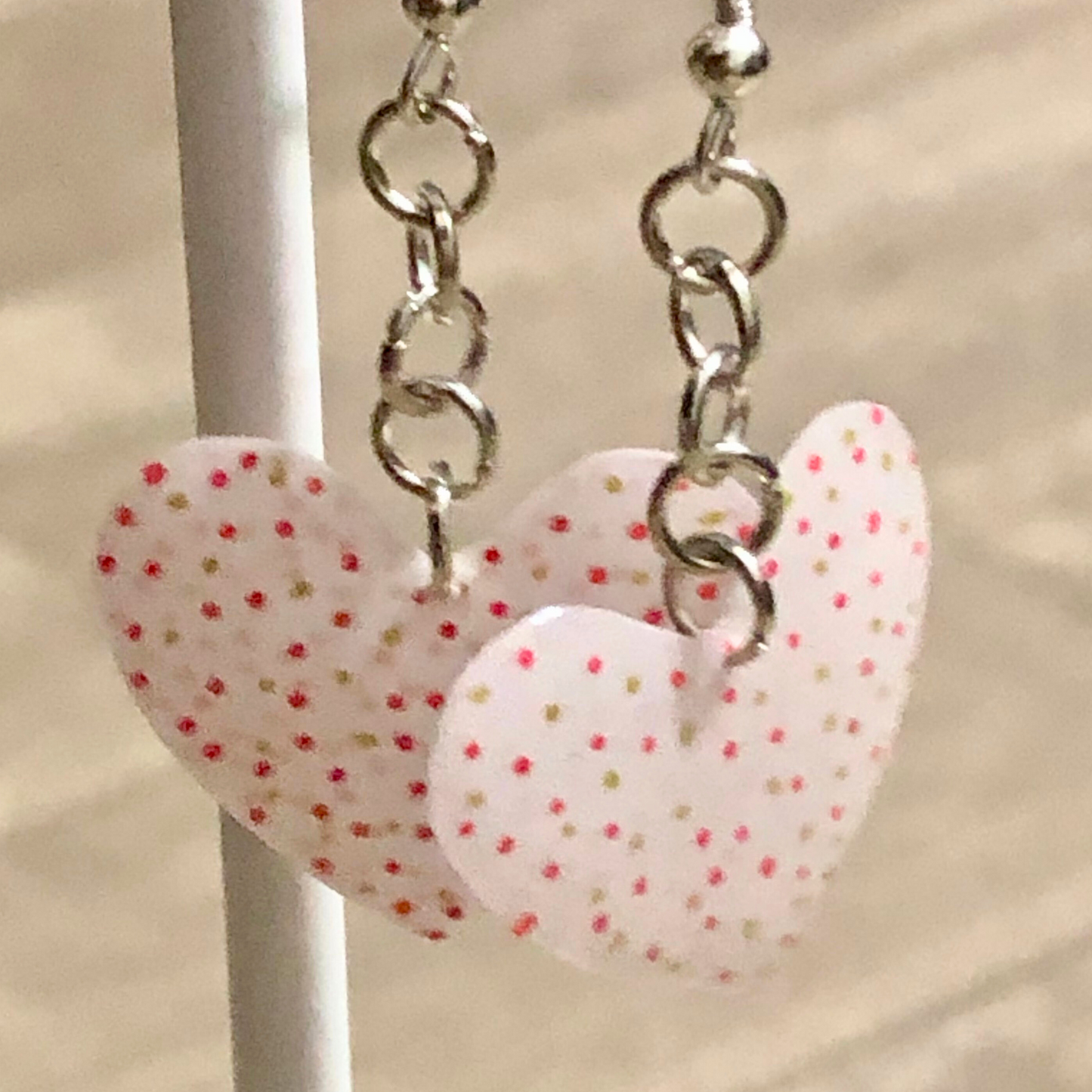 Handmade earrings heart jewelry with red and gold dots