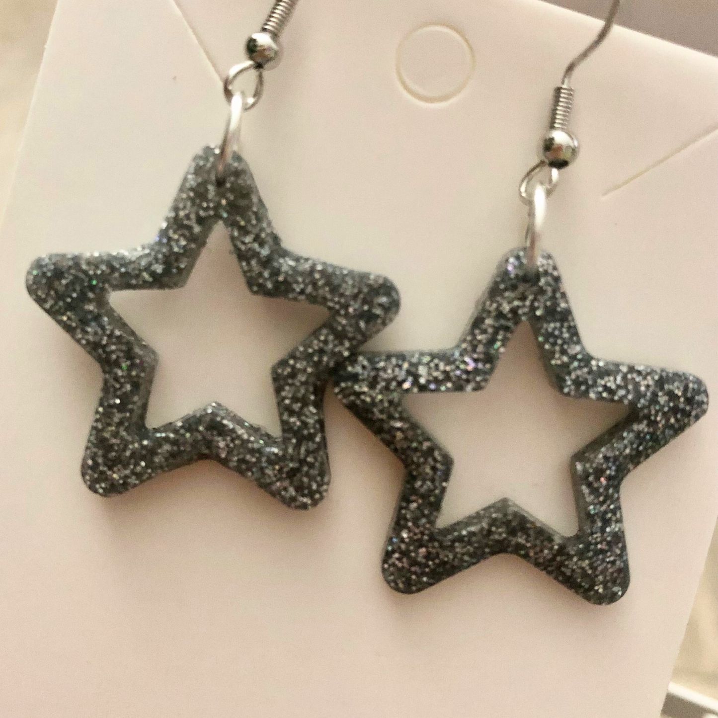 Silver glitter dangling earrings handmade with clear resin