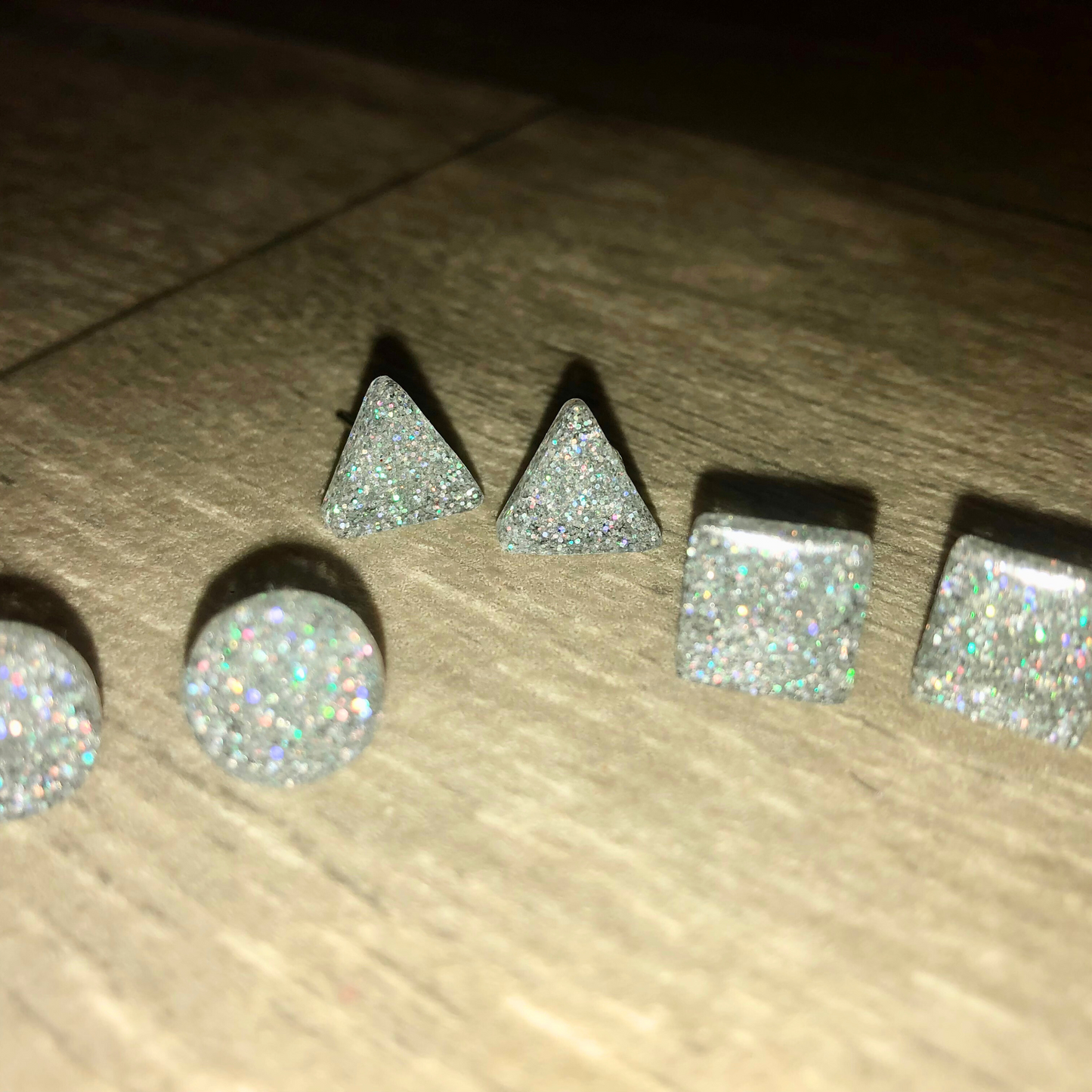 Handmade with love silver stud earrings with glitter