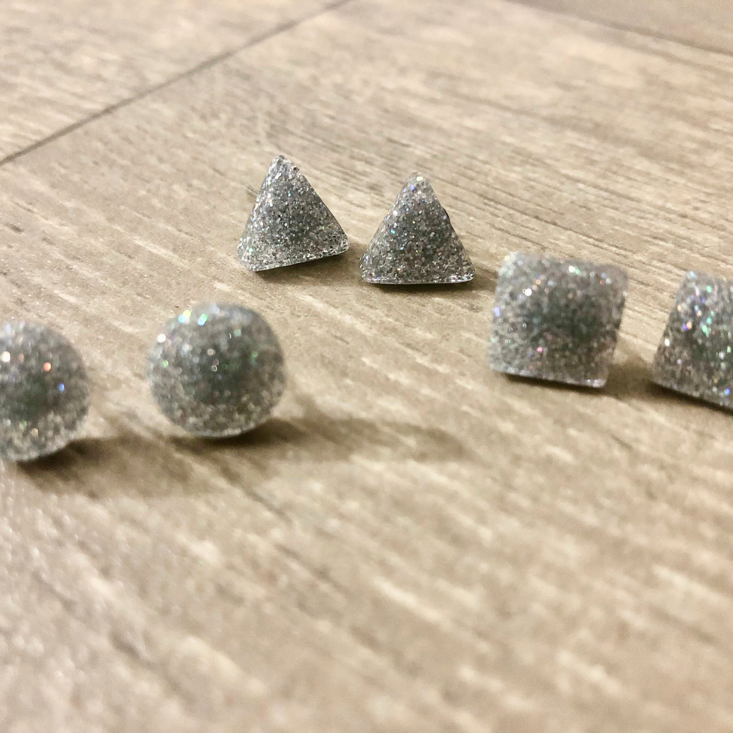 Handmade with love silver stud earrings with glitter