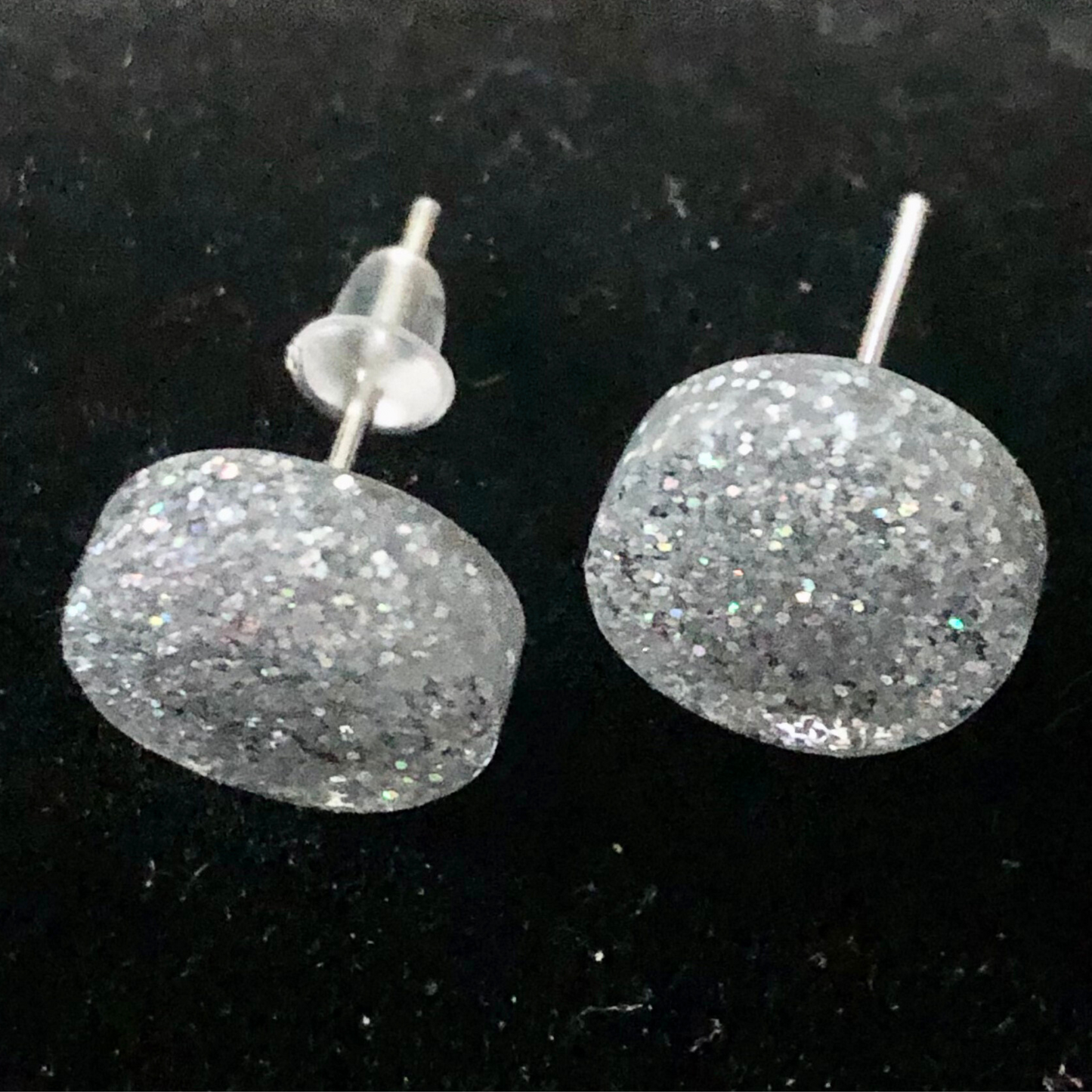 Handmade with love silver stud earrings with glitter