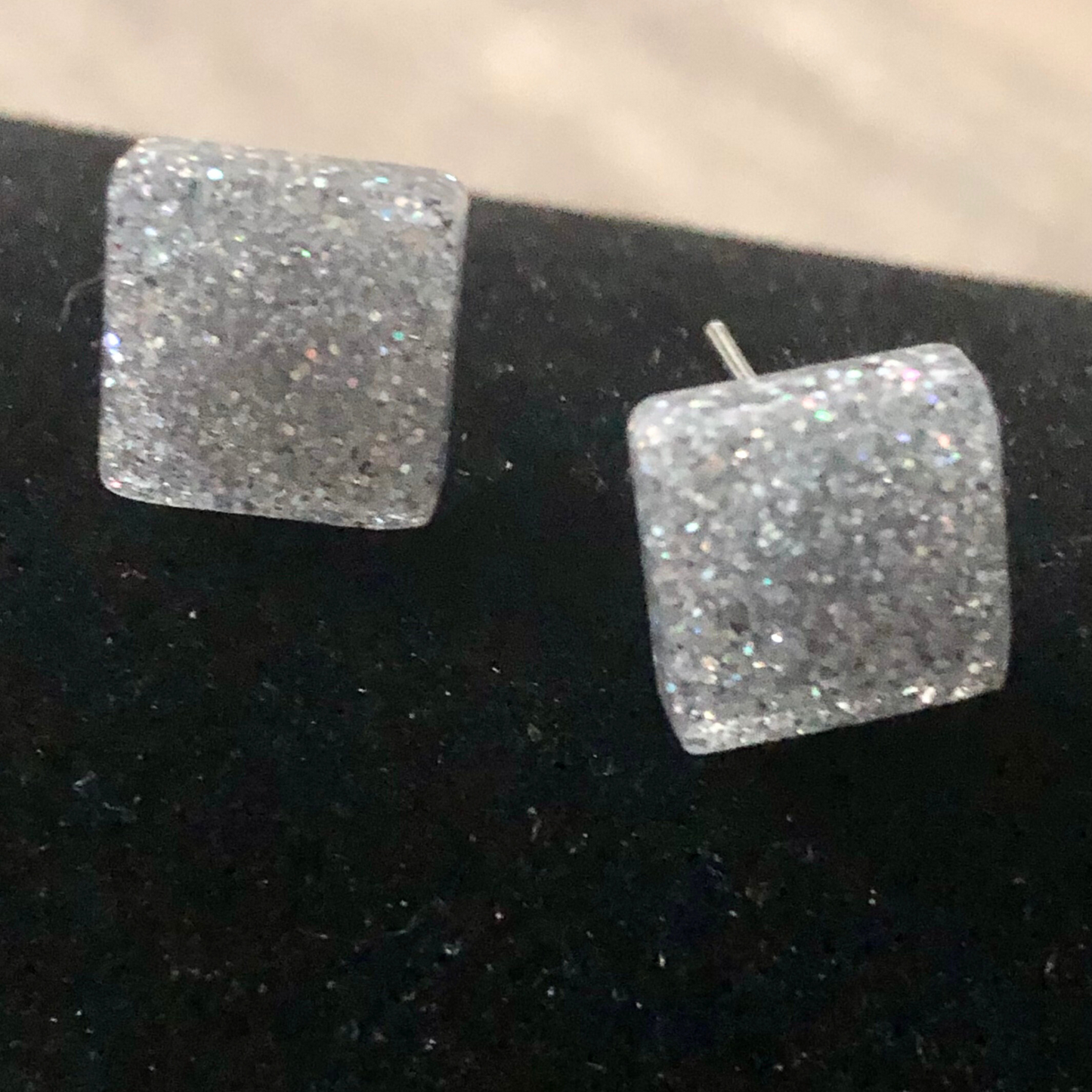 Handmade with love silver stud earrings with glitter