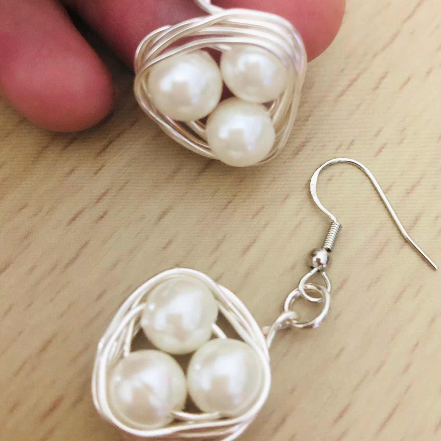 Faux pearls handmade earrings with silver wire