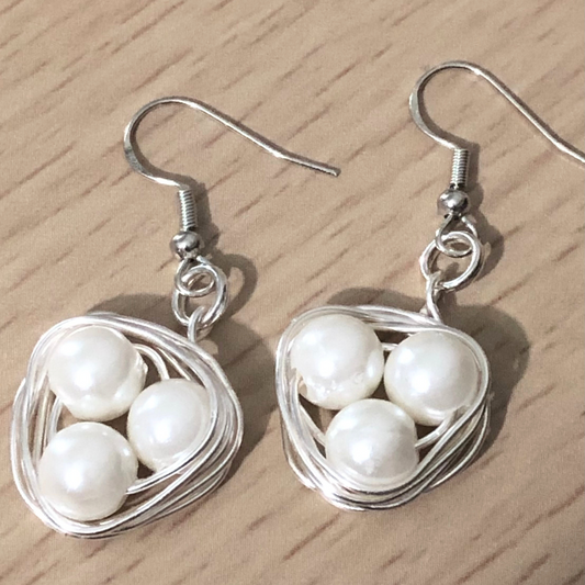 Faux pearls handmade earrings with silver wire