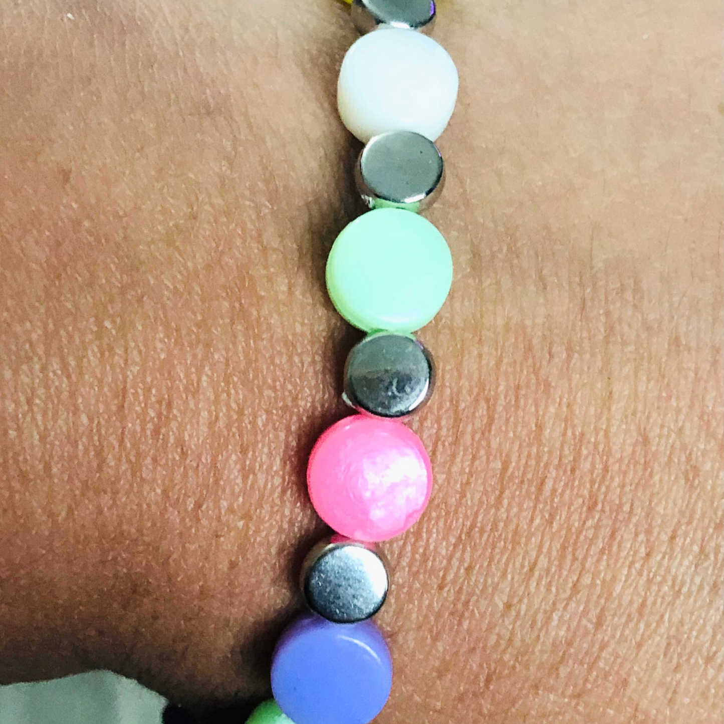 Colorful beaded bracelet with silver bead spacers available now