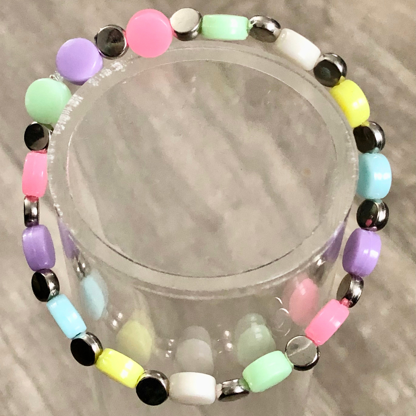 Colorful beaded bracelet with silver bead spacers available now