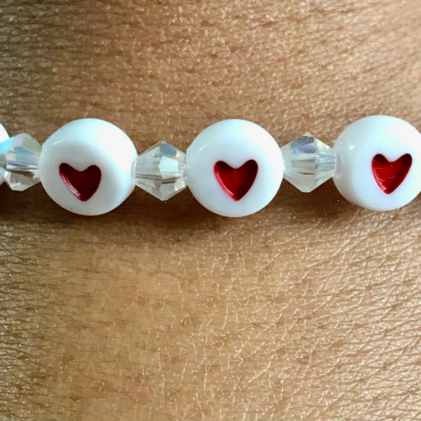 Handmade beaded bracelets with conversation heart beads