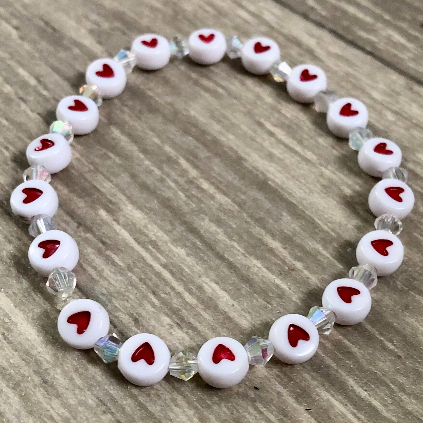 Handmade beaded bracelets with conversation heart beads