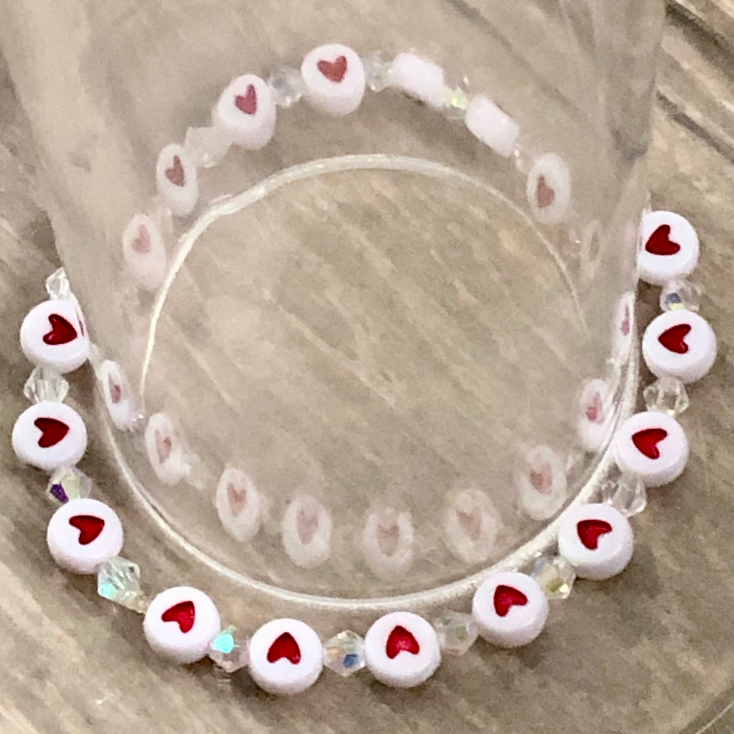 Handmade beaded bracelets with conversation heart beads