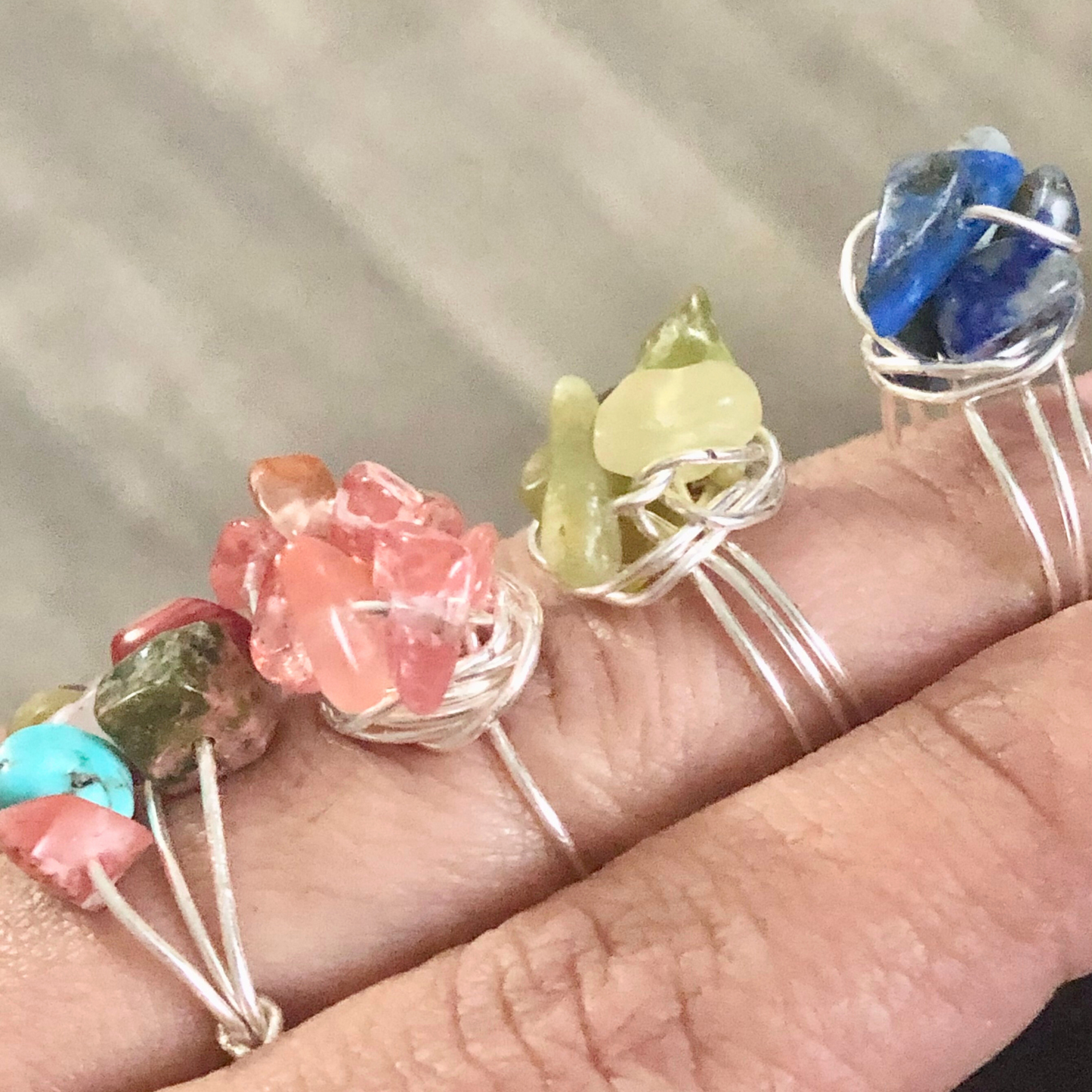 Wire wrapped crystal rings set of 3