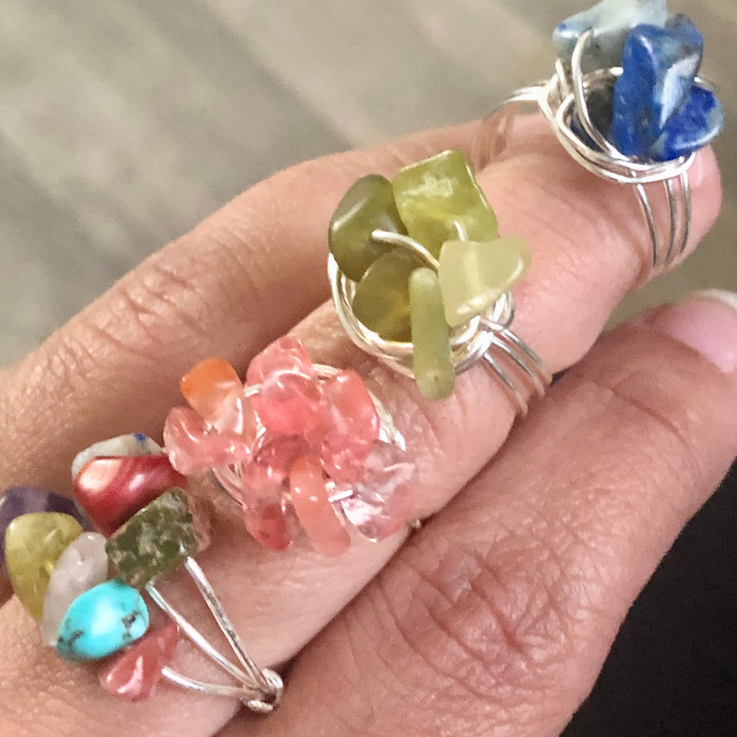 Wire wrapped crystal rings set of 3