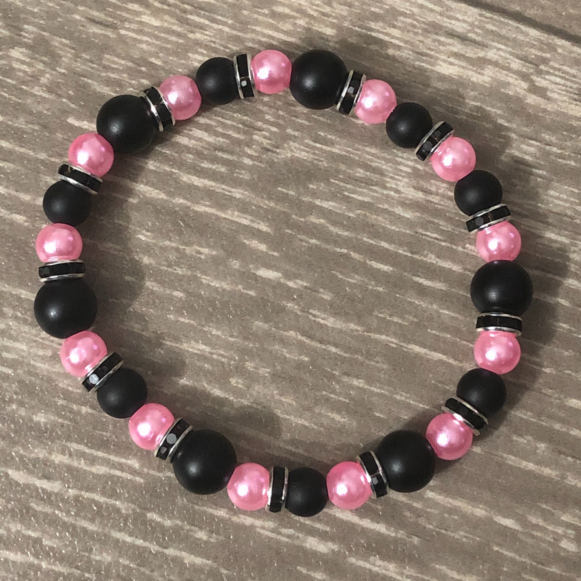 Love Lava Beaded Diffuser Bracelet Black W Pink Accent Beads & Rhinestones, Stretchy Beaded Bracelet 7