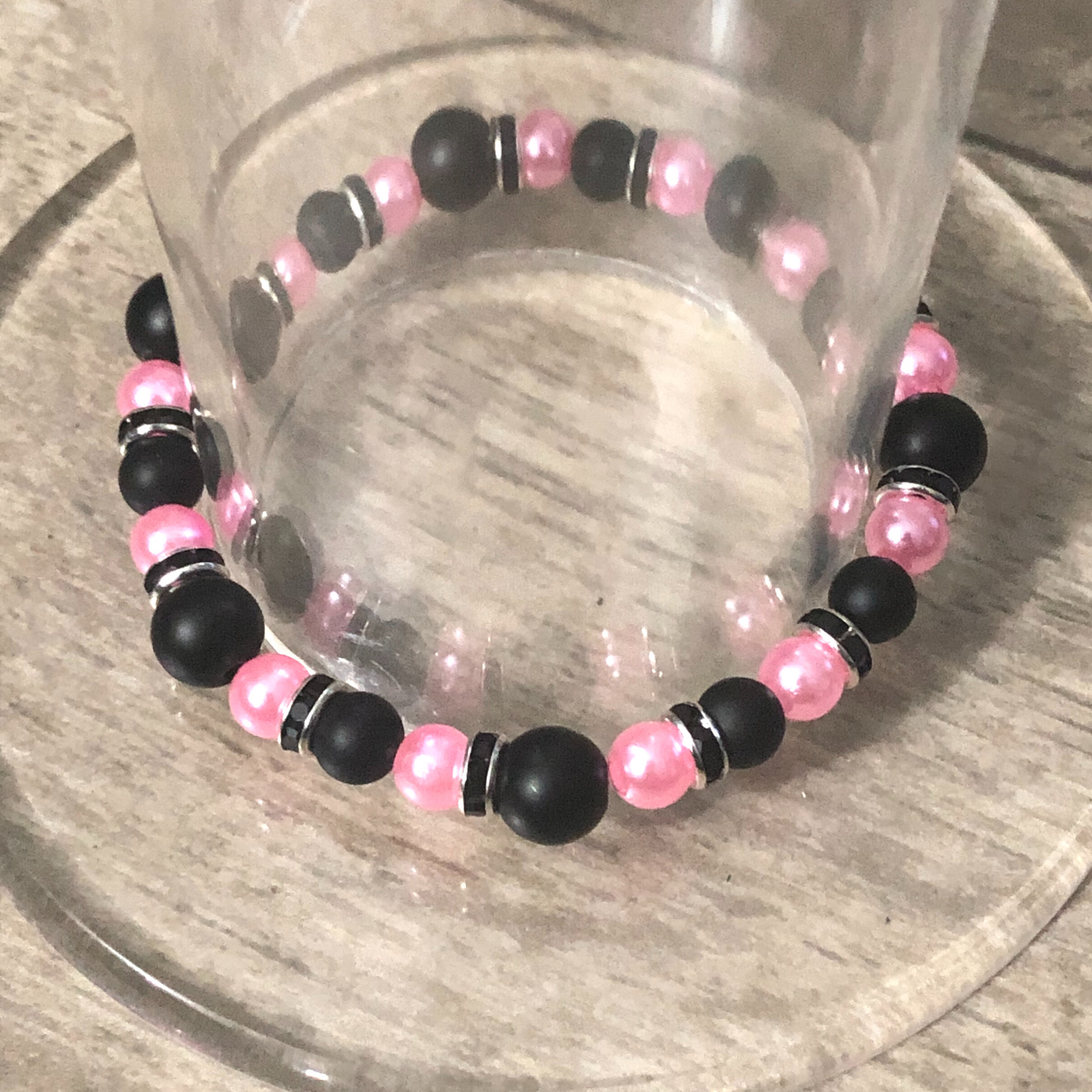 Beaded Bracelet Set Pink Beads Accented by Hand Painted Flower Beads  Stretchy Bracelet Elastic Bracelet 