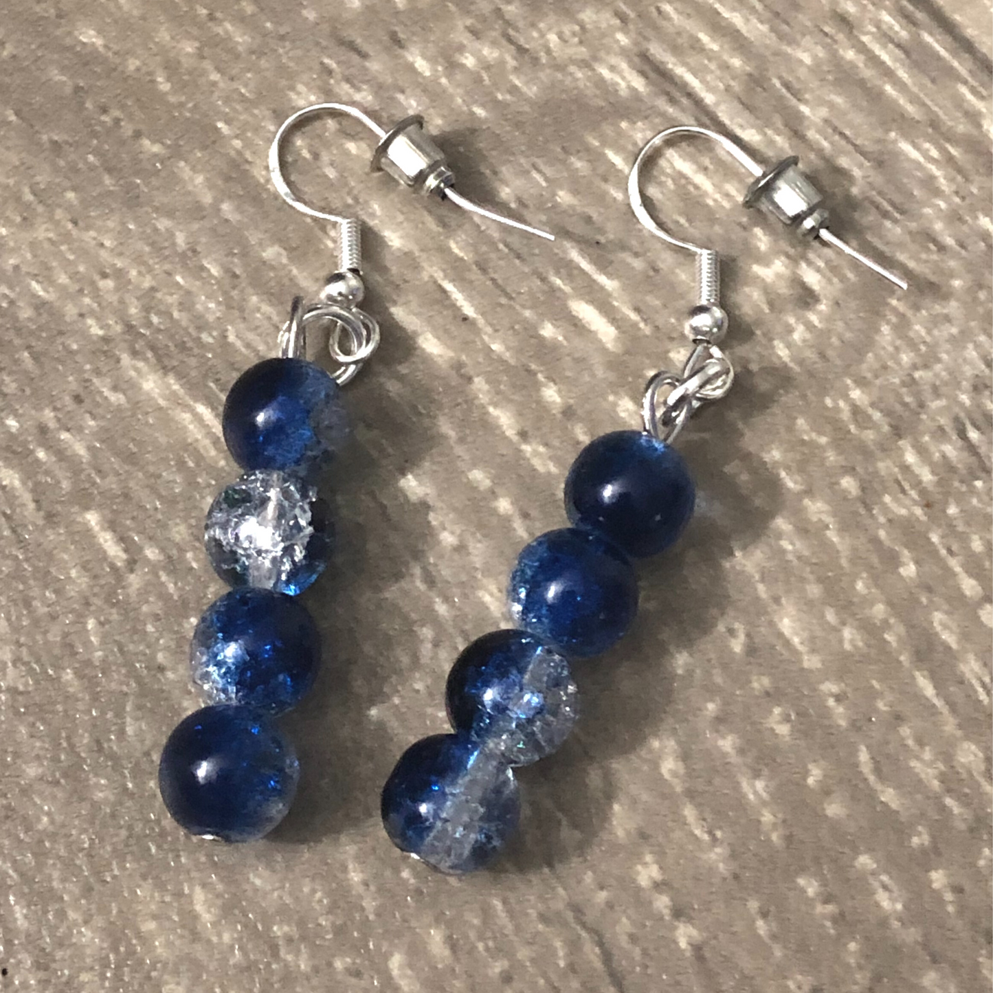 Drop earrings handmade with matching stretch bracelet and blue beads