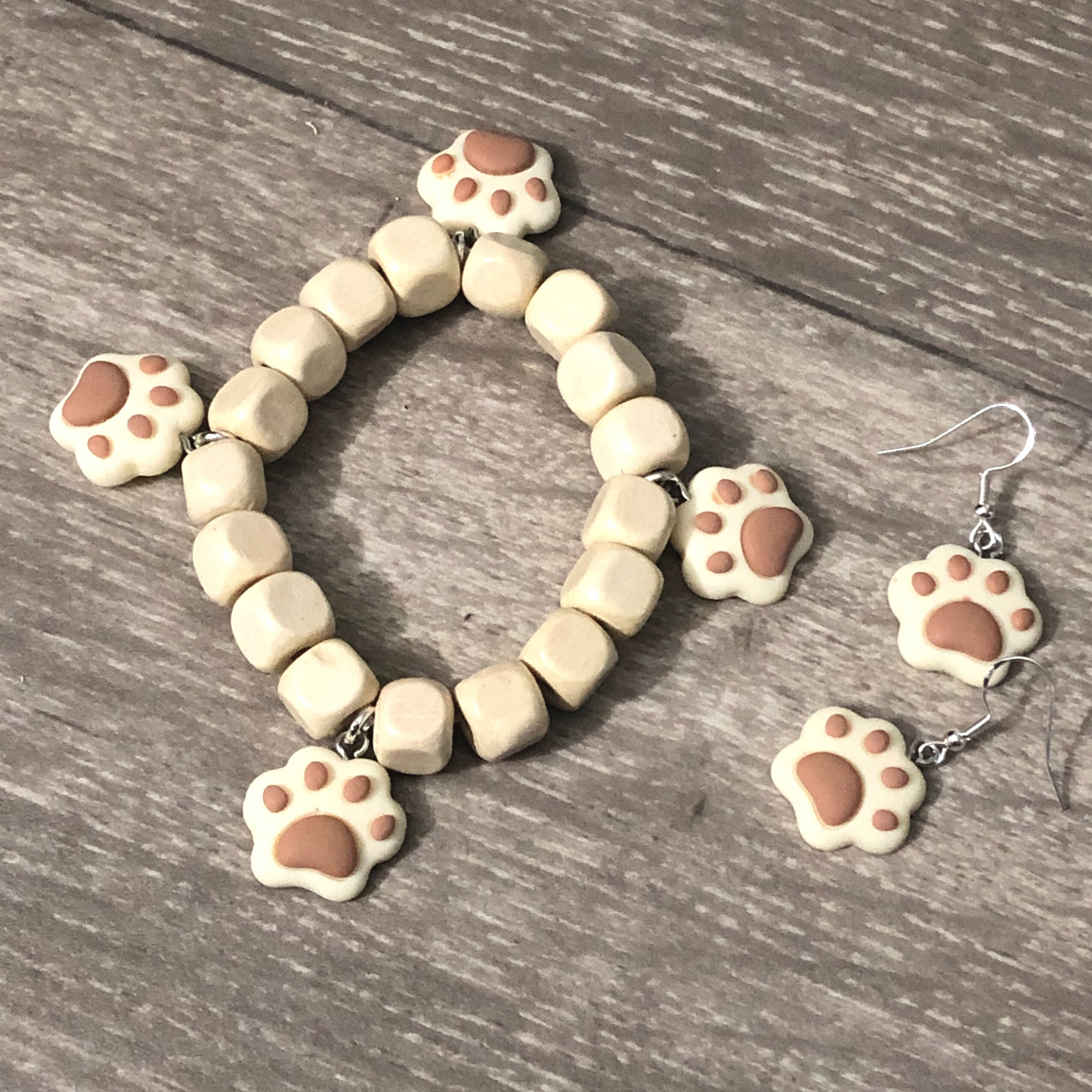 Dog paws earrings and dog paws bracelet handmade with wooden beads