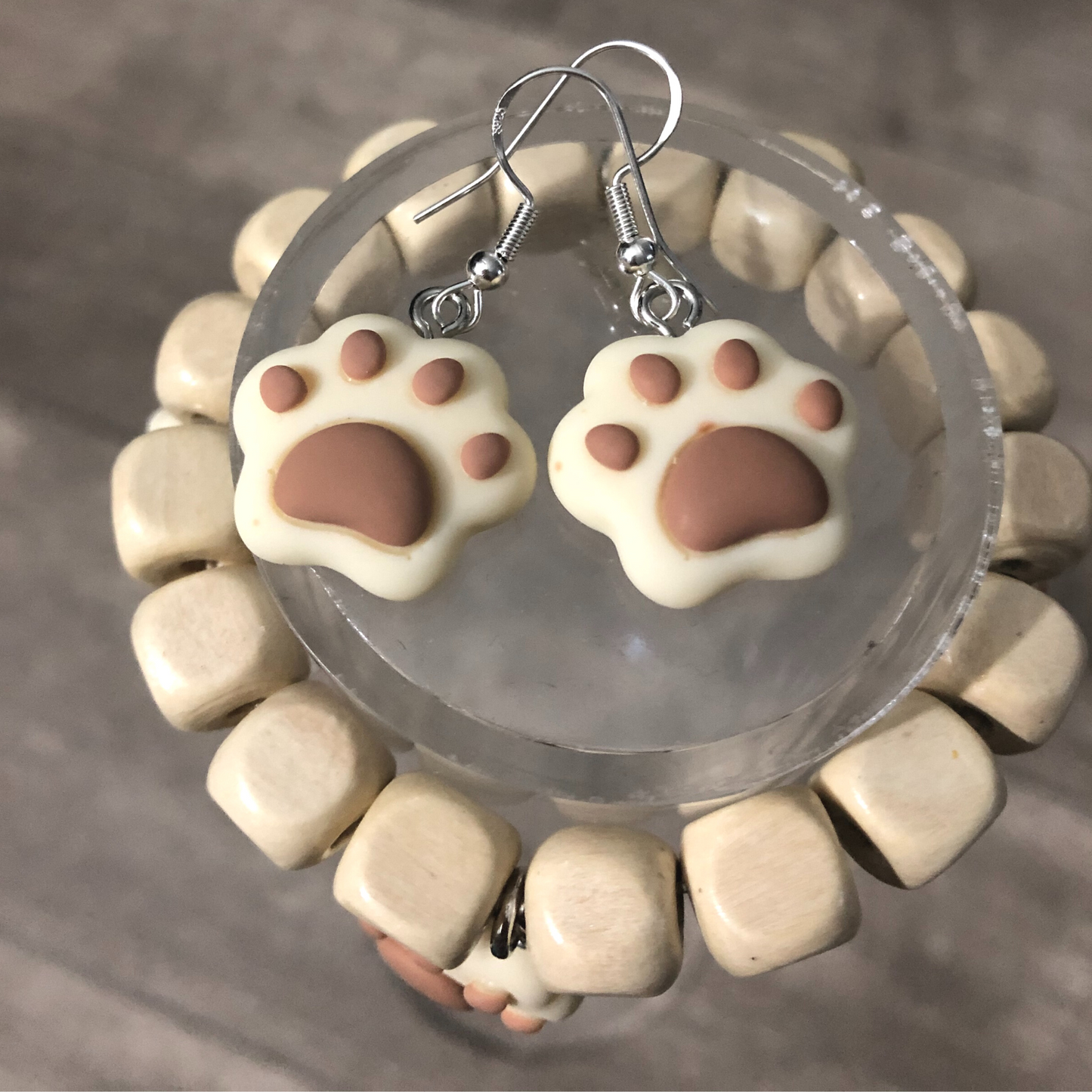 Dog paws earrings and dog paws bracelet handmade with wooden beads