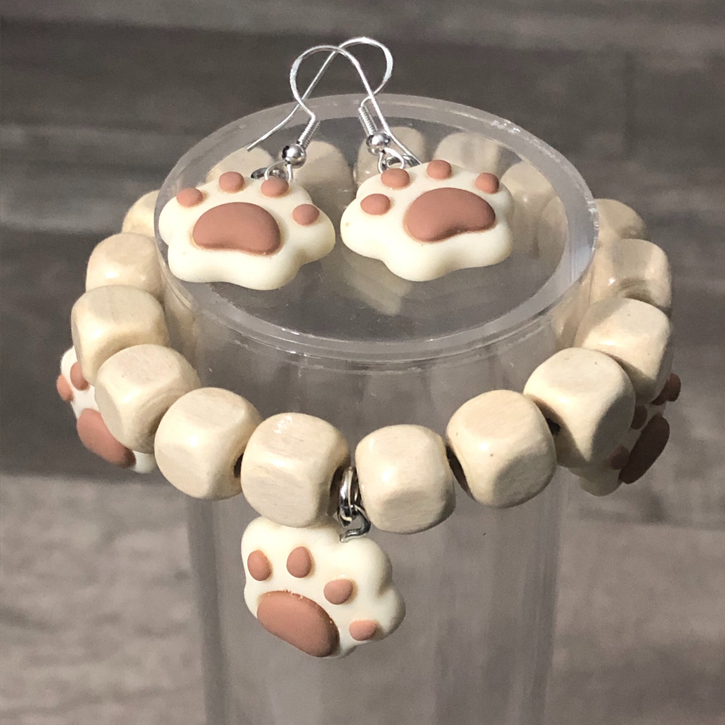 Dog paws earrings and dog paws bracelet handmade with wooden beads