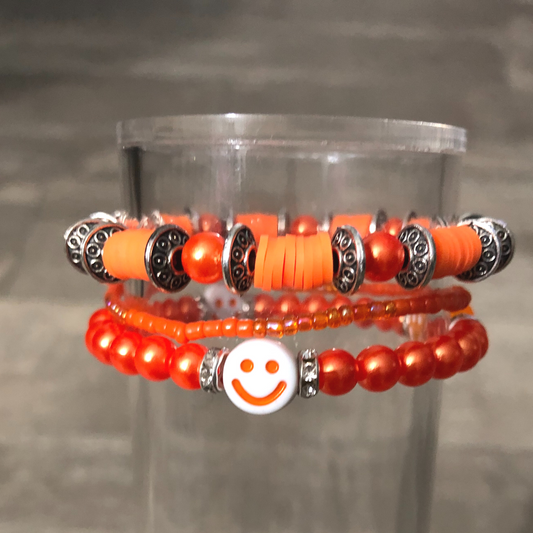 Orange handmade stretch bracelet set of 3 one of kind