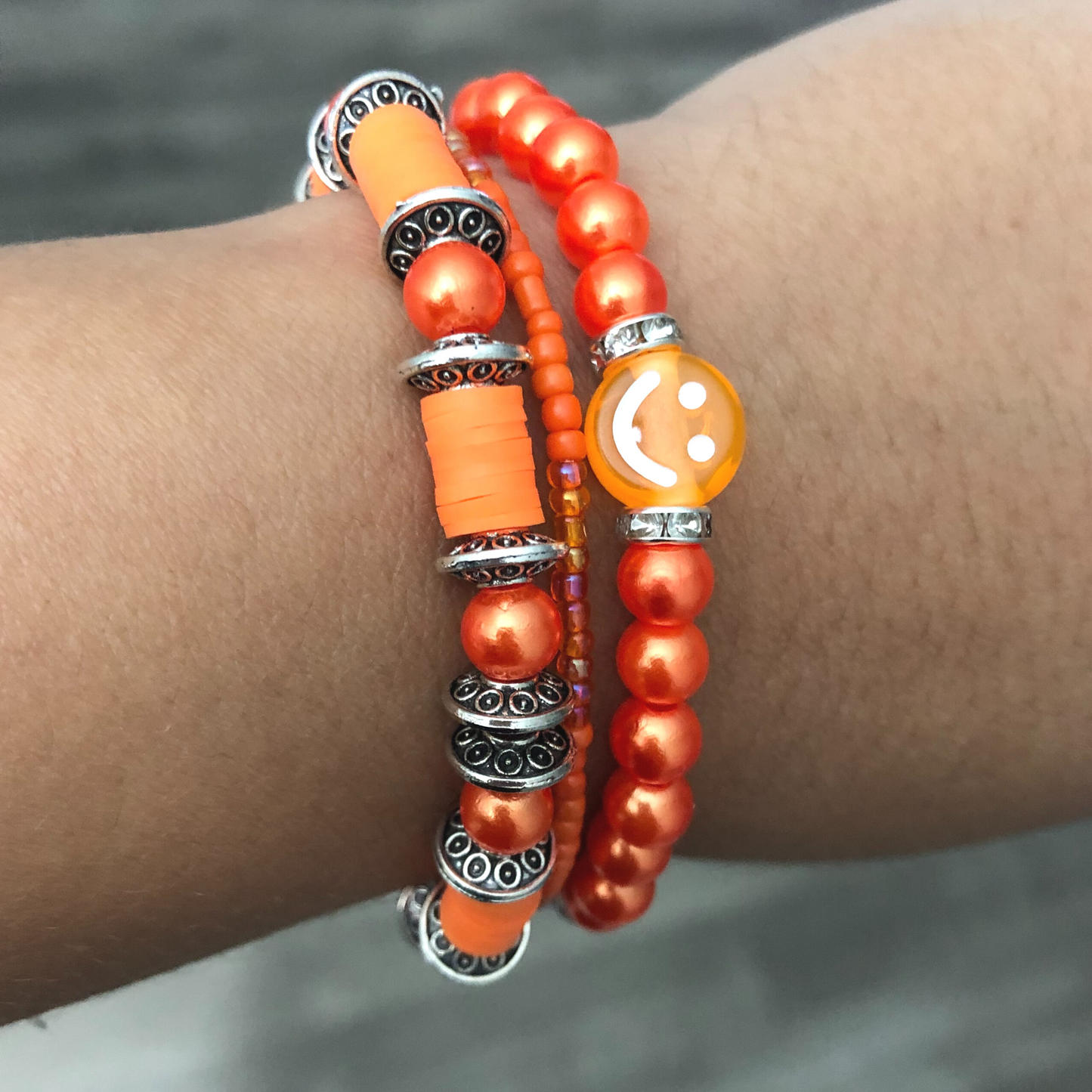 Orange handmade stretch bracelet set of 3 one of kind