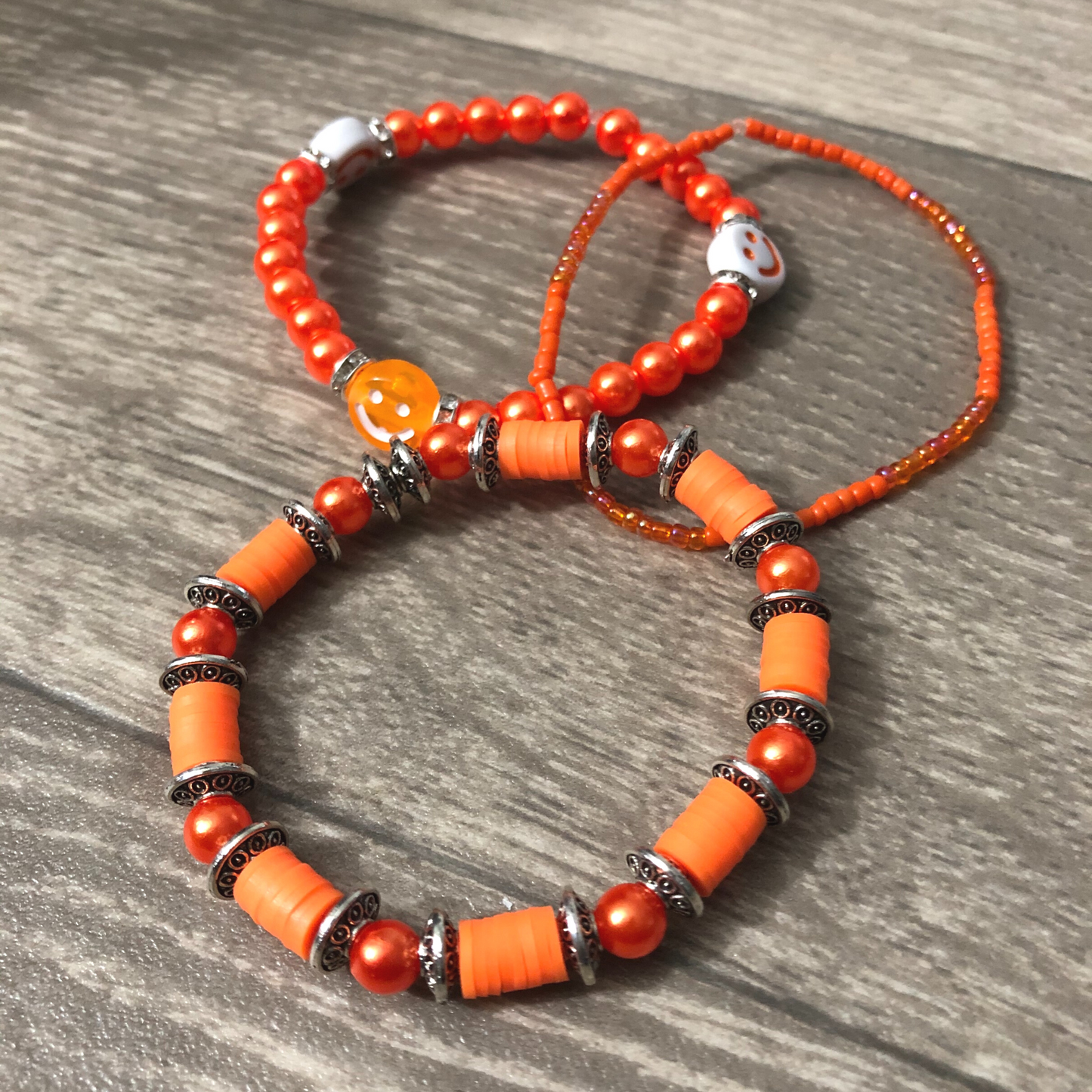 Orange handmade stretch bracelet set of 3 one of kind