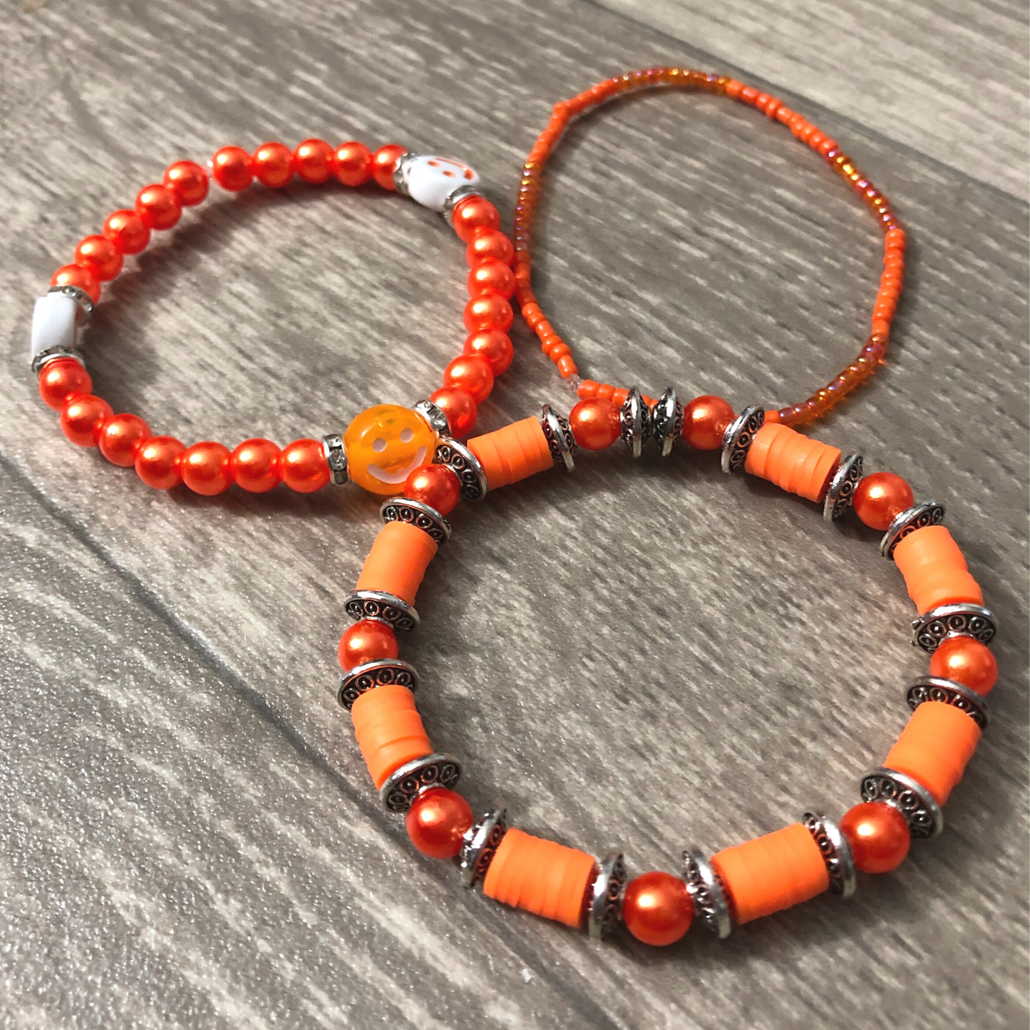 Orange handmade stretch bracelet set of 3 one of kind