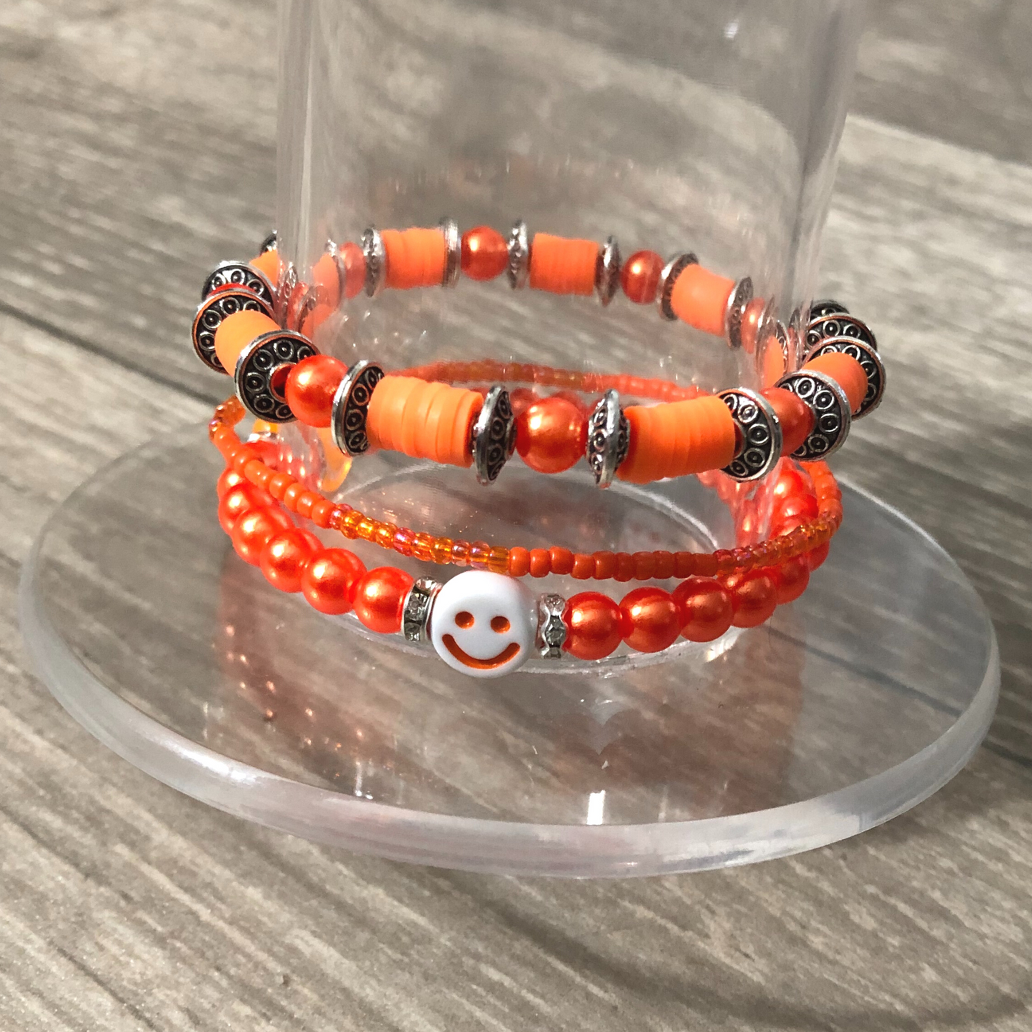 Orange handmade stretch bracelet set of 3 one of kind