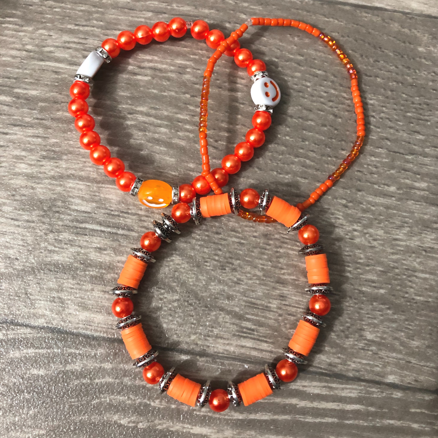 Orange handmade stretch bracelet set of 3 one of kind