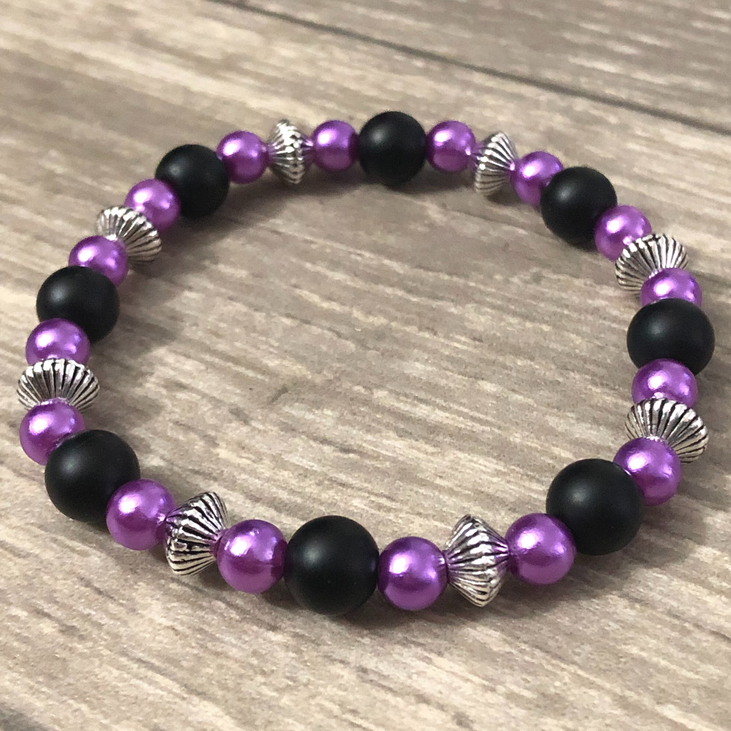 Purple Handmade Beaded Stretch Bracelet With Silver Spacers