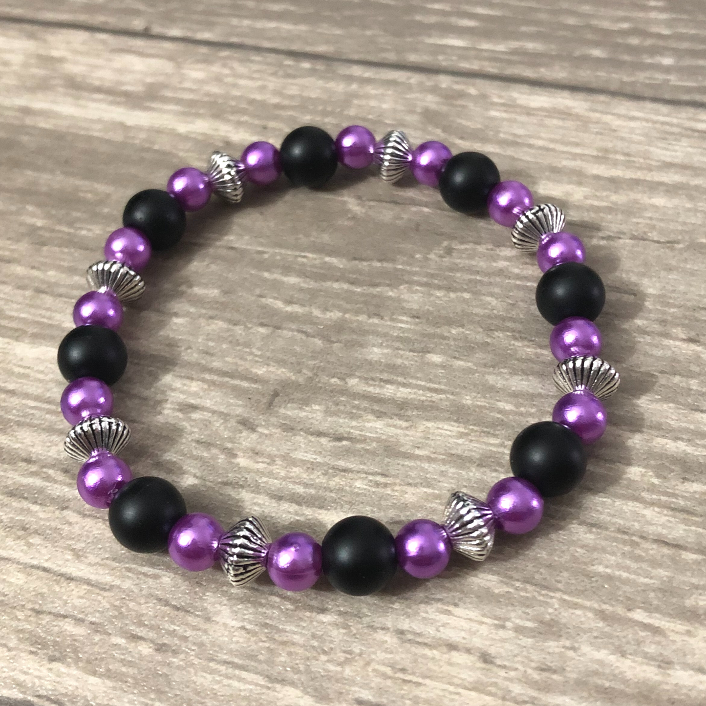 Purple Handmade Beaded Stretch Bracelet With Silver Spacers