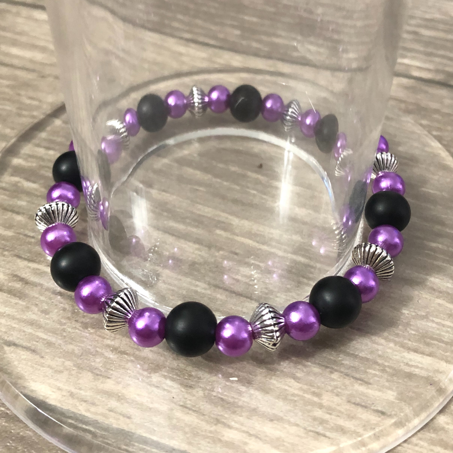 Purple Handmade Beaded Stretch Bracelet With Silver Spacers