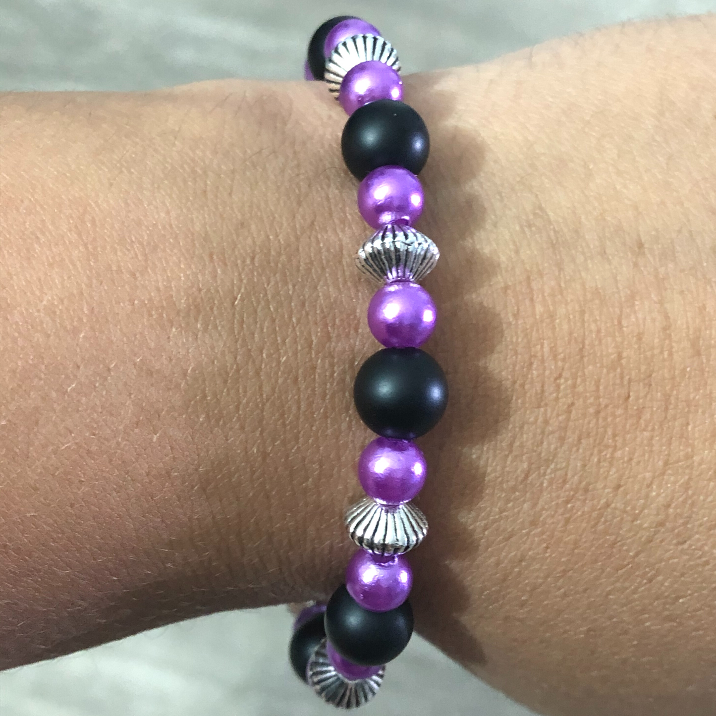 Purple Handmade Beaded Stretch Bracelet With Silver Spacers